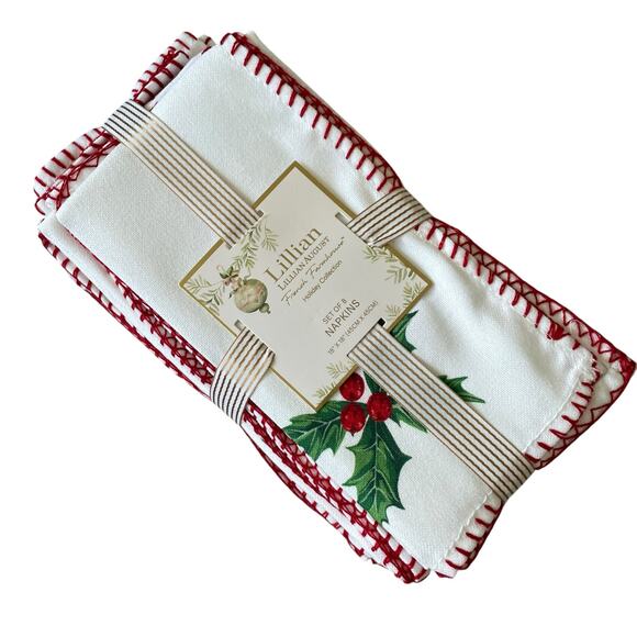 Lillian August Holly Berry Christmas Dinner Napkins Set of 8 Embroidered 18x18 - Picture 2 of 10